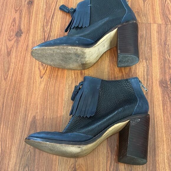 Madewell navy leather low boots booties with fringe chunky heel size 37 - Picture 4 of 7